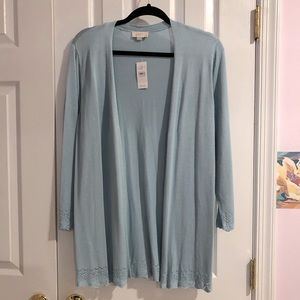 New, never worn LOFT cardigan, open front, large size, sea foam blue color
